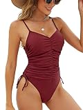 ZAFUL Women's One Piece Swimsuit V Neck Spaghetti Strap Shirred Tummy Control Monokini Tie Side Swim