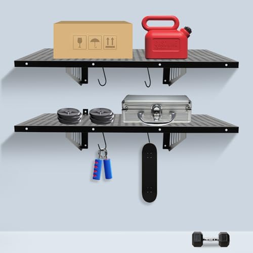 2Pcs Garage Wall Shelf,Perforated Metal Wall Shelf Garage Storage Rack with Hooks,Heavy Duty Storage Shelves Wall Mount Shelf Organizer for Warehouse Garage (24x36inch(2Pcs))