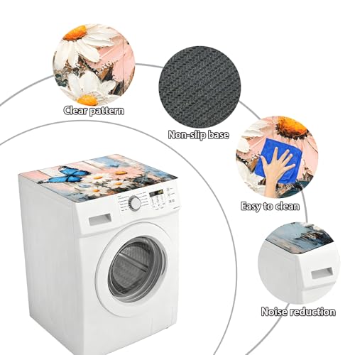 Image of Washer Dryer Top Cover Mat, Non-Slip Laundry Room Decor, Laundry Room Kitchen Appliance Decor Protector Universal 23.6 inchx19.7 inch (Blue Butterfly Daisy)