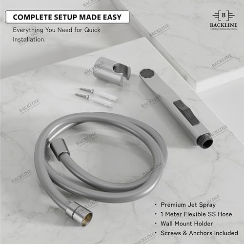Image of Backline Water Saving Jet Spray for Toilet | Health Faucet for Toilets | ABS Hand Gun with Hose Pipe 1.2 Meter and Wall Hook /Holder | Bathroom Bidet Spray (Brushed - Full Set (Gun + Hose + Hook))