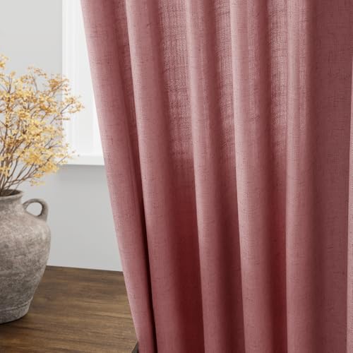 Image of Nanspring Canyon Rose Linen Curtains 90 Inch Long 2 Panels Set for Bedroom Living Room Dusty Rose Linen Textured Window Drapes Semi Sheer Light Filtering Rod Pocket Back Tab Farmhouse Curtain 52x90