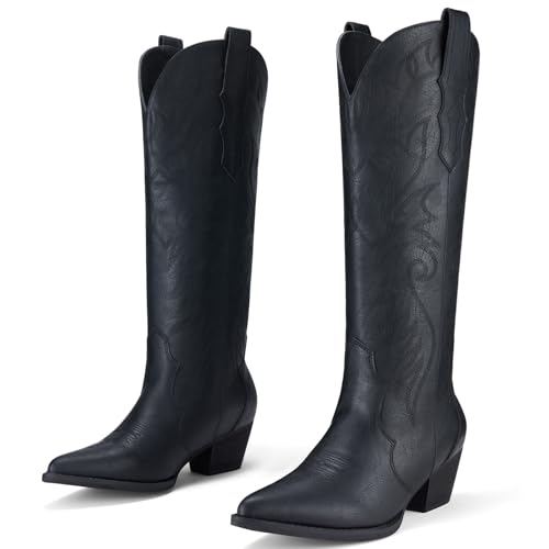 Image of Rollda Cowboy Boots for Women Cowgirl Boots Embroidered Knee-High Western Boots Pointy Toe with Chunky Heel
