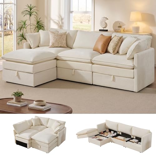 Image of Ihanherry 103 inch Modular Sectional Sofa with Storage, L Shaped Cloud Couch with Movable Ottomans & 4 Pillows, Chenille Deep Seat Sectional Couches for Living Room, Apartment (Beige)