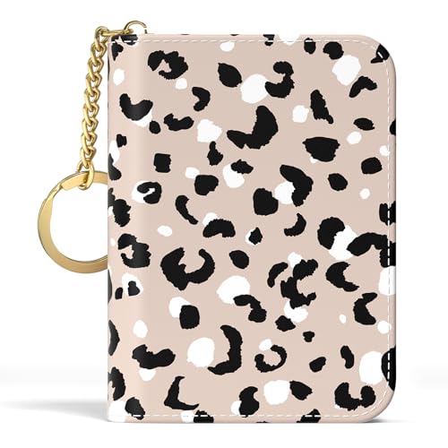 Image of Aiawoxc Credit Card Holder, Small RFID Wallet Slim Leather Card Organizer Case with Zipper and Keychain, Beige Leopard Print