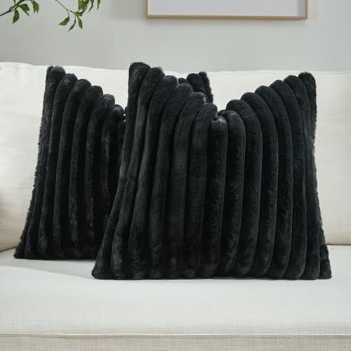 FUTEI Black Striped Decorative Throw Pillow Covers 14x14 Inch Set of 2,Square Fall Decorations Couch Pillow Case,Soft Cozy Faux Rabbit Fur & Velvet Back,Modern Home Decor for Bed