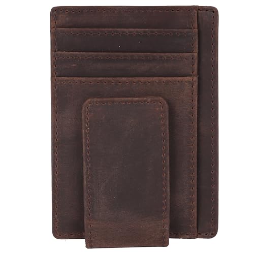 Image of Brown Slim Money Clip Wallet for Men - Full-Grain Cowhide Leather, Strong Magnetic Clip, Front Pocket Card Holder, Minimalist Design