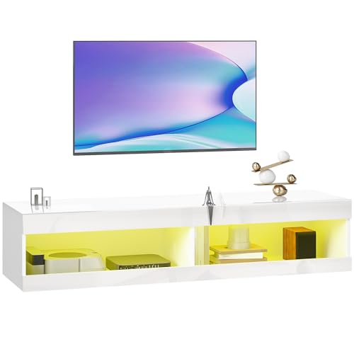 HOMCOM Mueble de TV Suspendido con Luces LED, Compartimentos y Orificios Pasacables, Mueble de TV para Salón con Control Remoto para Televisión 55-60 Pulgadas, 140x40x30 cm, Blanco Brillo