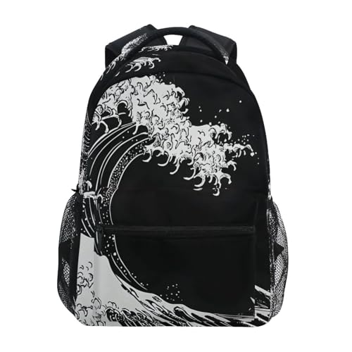 Japanese Waves Black Backpack Daypack Shoulder Bag Book Bag Lightweight Back Pack 12 ×16.9 In