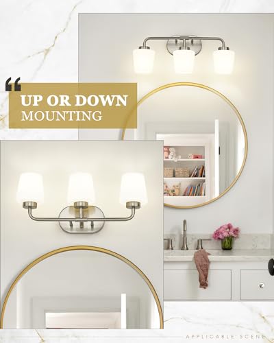 Image of Bathroom Light Fixtures Over Mirror, 3-Light Brushed Nickel Vanity Lighting Fixtures with Milk White Glass, Vintage Farmhouse Wall Sconces Lighting, AD-22004-3W-SN