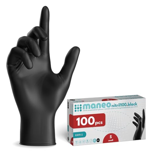 maneo 100x Einweghandschuhe Schwarz, Einmalhandschuhe in S, puderfreie Handschuhe Einweg, latexfreie Gummihandschuhe, Nitrilhandschuhe, Putz-, Koch- & Haushalts-Handschuhe