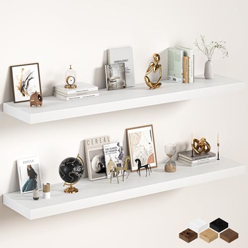 Image of Fun Memories 72 Inch Floating Shelves, 12 Inch Deep Wall Shelf for Fireplace Mantel, Deep Storage Shelves for Home & Office, Long Floating Shelf with Invisible Bracket, White, Set of 2