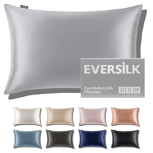 Mulberry Silk Pillowcase for Hair and Skin: 22 Momme 100% Pure Natural Silk Pillow Case with Hidden Zipper - 6A Grade Hypoallergenic Cool Pillow Cover for Sleep - 1 PC Silver Grey Standard in Gift Box