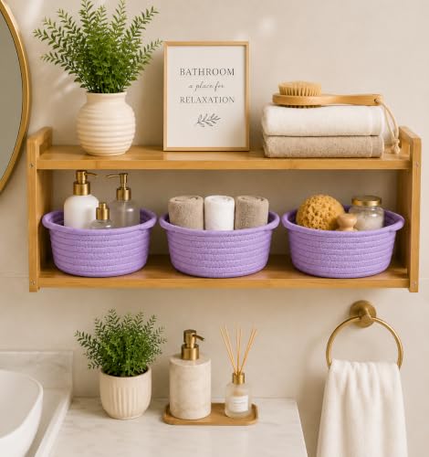 Image of Small Woven Cotton Rope Baskets with Handle, Set of 3, Purple | Boho Round Design, Bathroom Organizer, Safe for Kids & Pets, Chemical-Free Cotton, Multi-Room Storage