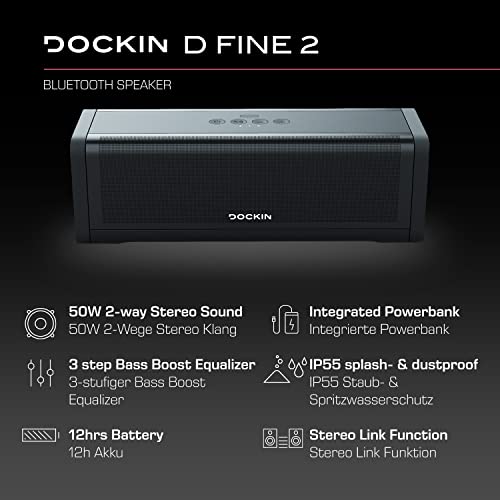 DOCKIN D FINE 2 Stereo Bluetooth Speaker 50W, Luid Draadloos Boxen voor Buiten-en Binnen, Bass Versterker Equalizer, Draagbaar, IP55 Waterdicht, 12 uur Speeltijd, Geïntegreerde 7.500 mAh Powerbank - Afbeelding 4