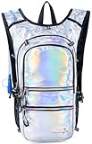 Hydration Backpack Pack with Cool Lights, 2L Water Bladder, Lightweight Bag for Running, Hiking, Bike, Climbing, Music Festival Essential, and Rave (Holographic-Silver)