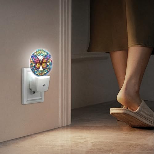 Image of Round LED Night Lights Lamp with Dusk to Dawn Sensor, Stained Glass Art of Colorful Butterfly Mandala Night Light Plug Into Wall for Kids Room, Bedroom, Bathroom, Kitchen, Hallway