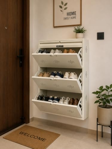 Image of StayHappy Wide Wall-Mounted and Freestanding Metal Shoe Rack Cabinet | Key Lock | Compact Design | Thick Metal Layer for Durability | Powder-Coated Steel | Crafted in Bharat. (White, 3 Door)
