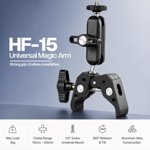 Image of Hiffin HF-15 Super Clamp Mount for Camera, Mobile, LED Light & Action Camera | 360 Adjustable | CNC Aluminium Alloy | 1 /4 inch & 3 /8 inch Thread | Heavy Duty Clamp