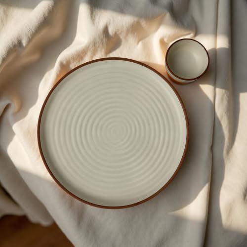 Image of Ceramic Chip & Dip Platter | 10 Inches | Off White Stoneware Serving Plate with Dip Bowl for Snacks, Appetizers, Chips & Starters | Microwave and Dishwasher Safe