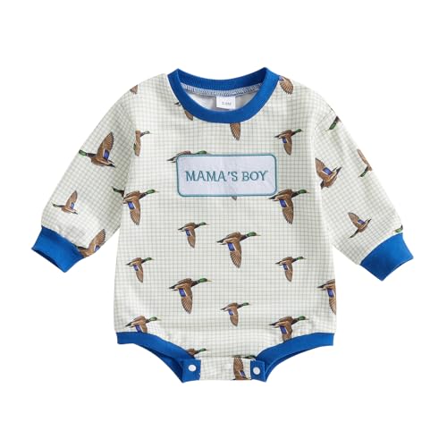 Image of Scloutarry Baby Boy Hunting Outfit Duck Embroidery Baby Romper Long Sleeve Crew Neck Bodysuit Newborn Infant Fall Clothes