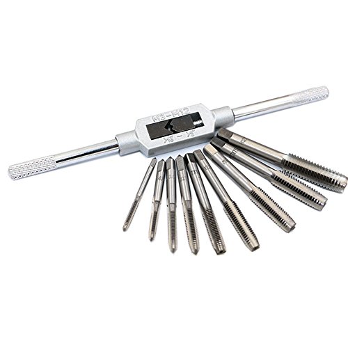 HOOYE 8pcs 3F Thread Metric Machine Hand Screw Thread Plug Taps Set M3 M4 M5 M6 M8 M10 M12with Adjustable Tap Wrench 1/16-1/2'' (8 packs(one set including 8 tools))