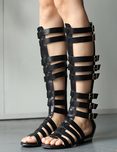 Hanfike Flat Knee High Gladiator Sandals for Women Summer Cut out Shoes with Buckle LB0282