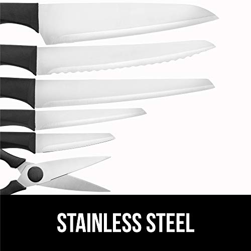 Gorilla Grip Original Premium Knife Block 7 Piece Set, Stainless Steel Blades, Includes Durable Kitchen Knives, Scissors and Stylish Block, Cutlery for Home Chef and Professional Cutting Needs, Black