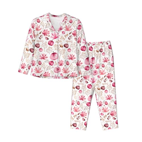 Anceky Pijama de Calabaza de otoño para Mujer, Conjunto de Pijama con Lazos de Calabaza Azul,AAAAAAlarga, Pantalones Largos, 2 Piezas