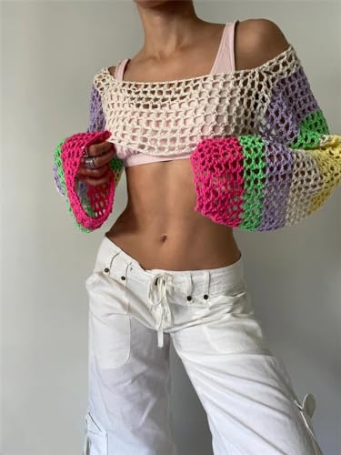 Image of hathne Women's Crochet Crop Top Shrug Y2K Hollow Out Mesh Knit Long Sleeve Sweater, Sexy Beach Bikini Cover Up
