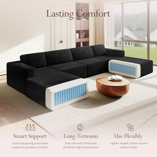 Image of Vesgantti 159 inch Large Modular Sectional Sofa, U-Shaped Corduroy Cloud Couch with Deep Seats & Spring Support, 4-Seater Boneless Sofa with 2 Movable Ottomans, No Assembly Needed, Black