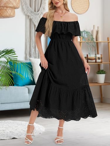 Image of Women's Summer Midi Dress High Waist Off Shoulder Ruffle Short Sleeve Hollow Out A Line Casual Long Dress 2025