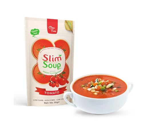 Sopa de Tomate CleanFoods 58 Calorías 10 x 30 g | Glucomanano de Konjac | 6,75 g de carbohidratos netos por comida | Sopa de Tomate | 10 Porciones | Vegana, Sin Gluten