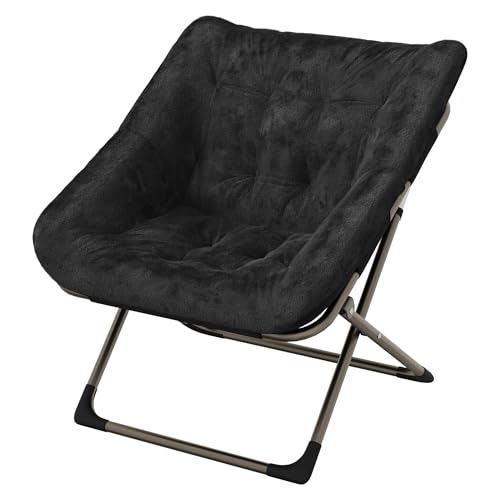Garvee Silla Plegable Tipo Luna para Adultos, Sillón Lounge Cómodo con Estructura De Acero y Pelo Sintético Suave, Sin Montaje, para Salón, Dormitorio o Apartamento, Negro