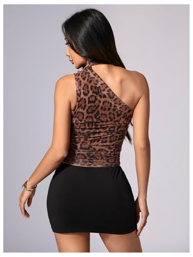 Image of RoseSeek Women's Y2K Leopard Polka Dots Halter Asymmetrical Neck Crop Tops