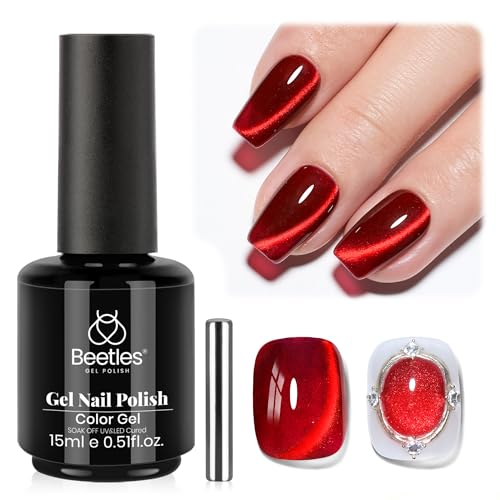 Beetles Cherry Red Cat Eye Gel Nail Polish - 15ML Ruby Red Cat Eye Glitter Gel Polish Magnetic Shimmer Effect Soak Off UV French Nail Art Design Salon DIY Manicure Gifts for Women