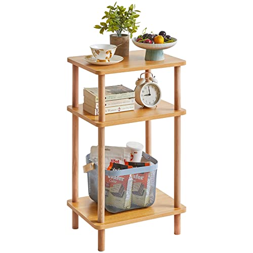 IBUYKE 3-Tier Side Table, Solid Wood Tall End Table with Storage Shelves, Nightstand Bedside Table for Living Room Bedroom Office, No-Tool Assembly, Natural UWST003N