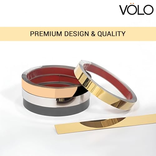 Image of VOLO Stainless Steel 500 CM /5 Meter Mirror Finish Weather Strip - Waterproof Self-Adhesive Tape for Tile Gap, Wall, Cabinet, Kitchen & Floor - Peel & Stick Adhesive Strip (GOLD, 12MM (0.5 INCH))