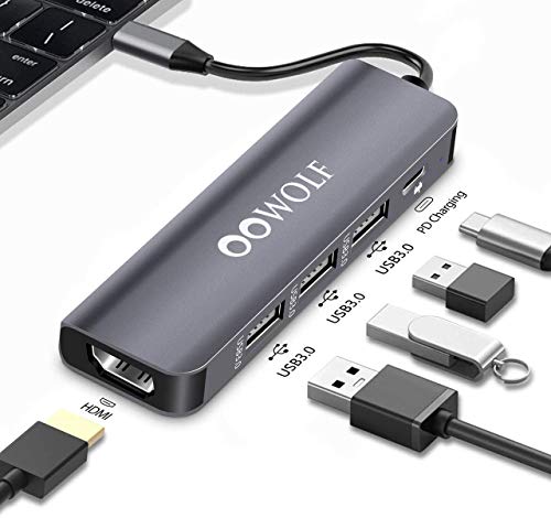 OOWOLF HUB USB, 5 En 1 Type C Ultrafino Adaptador HDMI 4K, 3 Puertos 5 Gbps USB 3.0, 100W PD 3.0 para MacBook 2019/2020, MacBook Pro / Air , iPad /Air/Mini /Pro, Nintendo Switch, ChromeBook