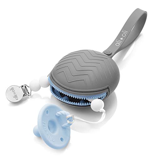 Ali+Oli Pacifier Holder Case (Grey) BPA Free Silicone Keeps Soothies & Binkie Holders Clean - Attaches to Strollers & Diaper Bags (Pacifier & Paci-Clip Included)