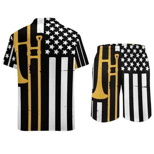 United States Flag Trombone Men's Hawaiian Shirt Button Down Top Shorts 2 Piece Outfits3