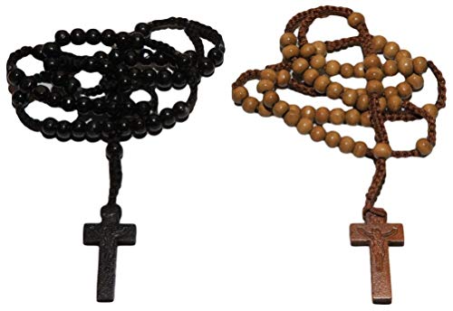 Collier chapelet perles bois lot de 2 croix Jésus cadeau chrétien idéal pour baptême et communion