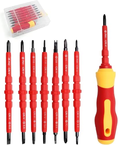 7-in-1 Magnetic Screwdriver Set Red and Yellow Insulated Handle Chrome Vanadium Steel 7.8 Inch Length Interchangeable Tips Electrician Tool Kit with Storage Case