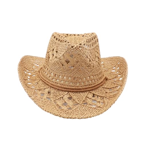Image of Straw Cowgirl Hat for Women Cowboy Hats for Men Wide Brim Sun Hat Shapeable Western Hat Beach Hat (US, Alpha, Medium, Y-Brown)