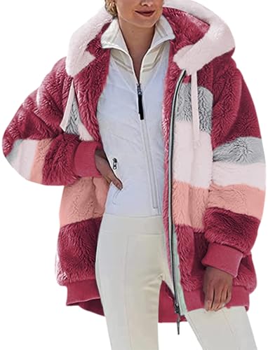 Livonmone Fleecejacke Hoodie Damen Kapuzenpullover Teddy-Fleece Warm Herbst Wintermantel Stilvoller ReißVerschluss Fellmantel PlüSchjacke Mit Taschen (Rot, L)