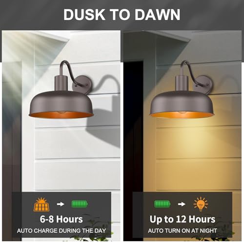 Image of Darkaway Solar Barn Light for Outdoor, Dusk to Dawn Outside Wall Lights Solar Powered, Industrial Gooseneck Bronze Exterior Wall Sconce for Shed House Porch Garage,2 Pack