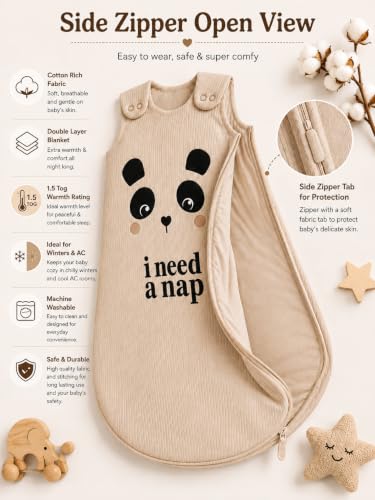 Image of TuddyBuddy Baby Cotton Wearable Quilted Sleeping Bag Blanket 1.5 Tog with 1 Way Zipper Closure | Ideal for Babies & Kids Hypoallergenic Fabrics | (Panda - I Need A Nap - Beige, 12-18 Months)