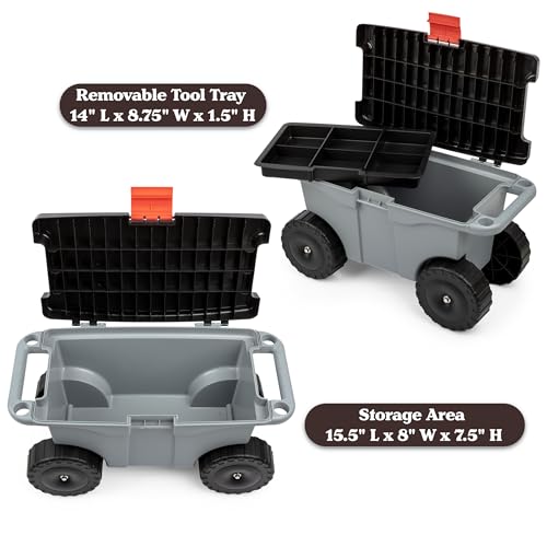Image of Pure Garden Rolling Garden Cart with Seat - Plastic Storage with Bench and Interior Tool Tray - Gardening Stool for Weeding and Planting (Gray)