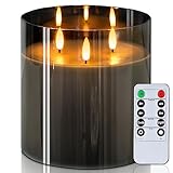 Homemory 6X6'' Extra Large Flameless Candle with 3 Wicks, Glass LED Pillar Candle, Real Wax Battery Operated Candle with Remote Control and Timer, Grey