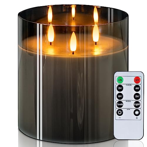 Image of Homemory 6X6'' Extra Large Flameless Candle with 3 Wicks, Glass LED Pillar Candle, Real Wax Battery Operated Candle with Remote Control and Timer, Grey