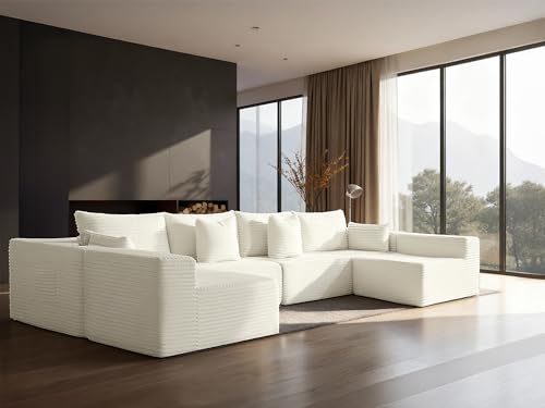 Image of 138 inch Cloud Sectional Couch, Comfort U Shaped Sofa for Living Room, Extra Deep Seats No Assembly, Minimalist Modular Couch, Corduroy (Cream, 6 Seats,U-Shape B)